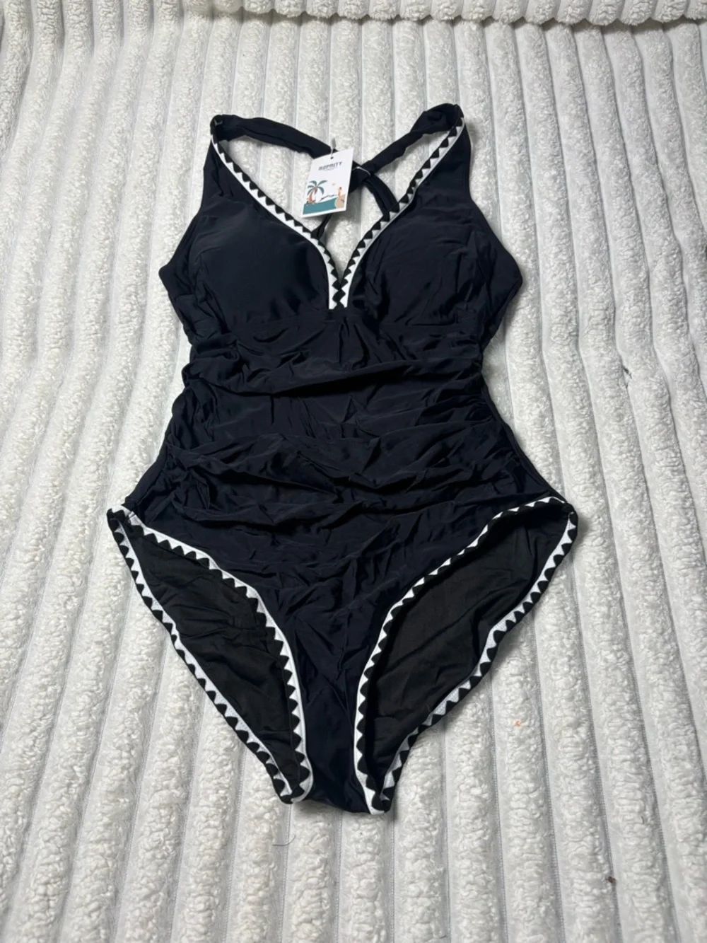 Black V-Neck One-Piece Swimsuit with Contrast Trim
